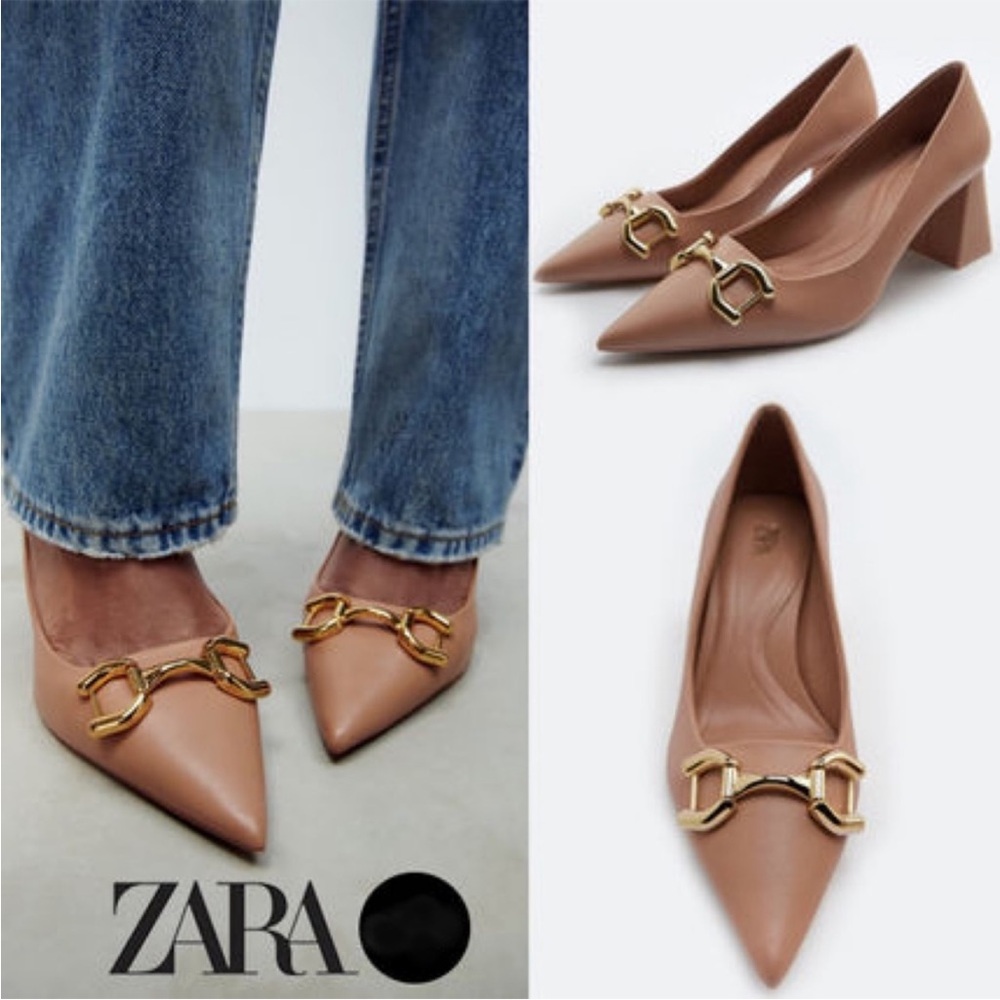 Zara Tan Gold Heels with Block Heel